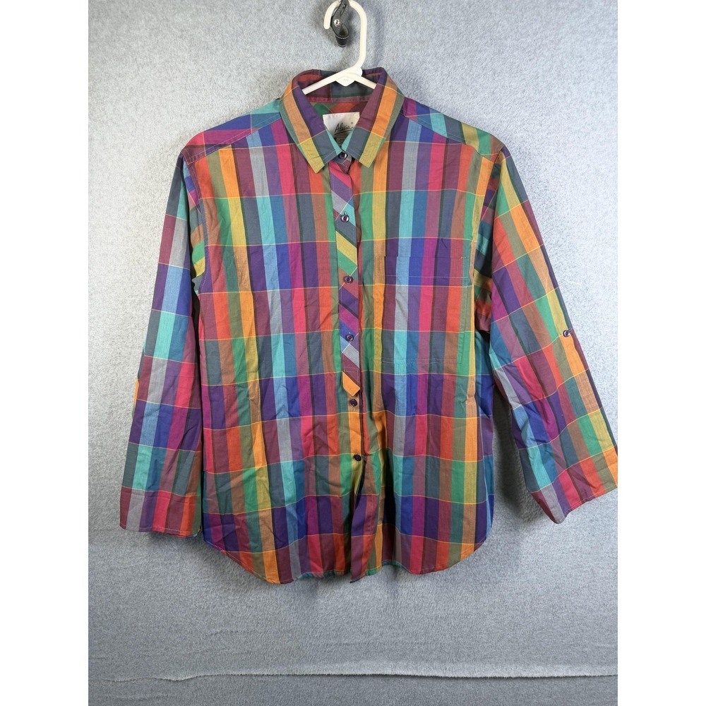 Alicia Shirt Womens 14 Multicolor Rainbow Plaid Button Up 3/4 Sleeve Casual Top